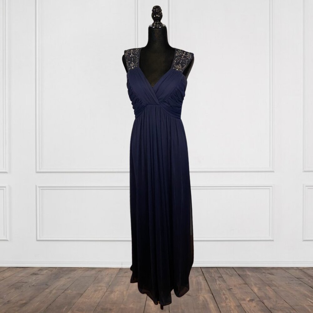 Night Way Navy Blue Sequins Pleated Formal Long Gown